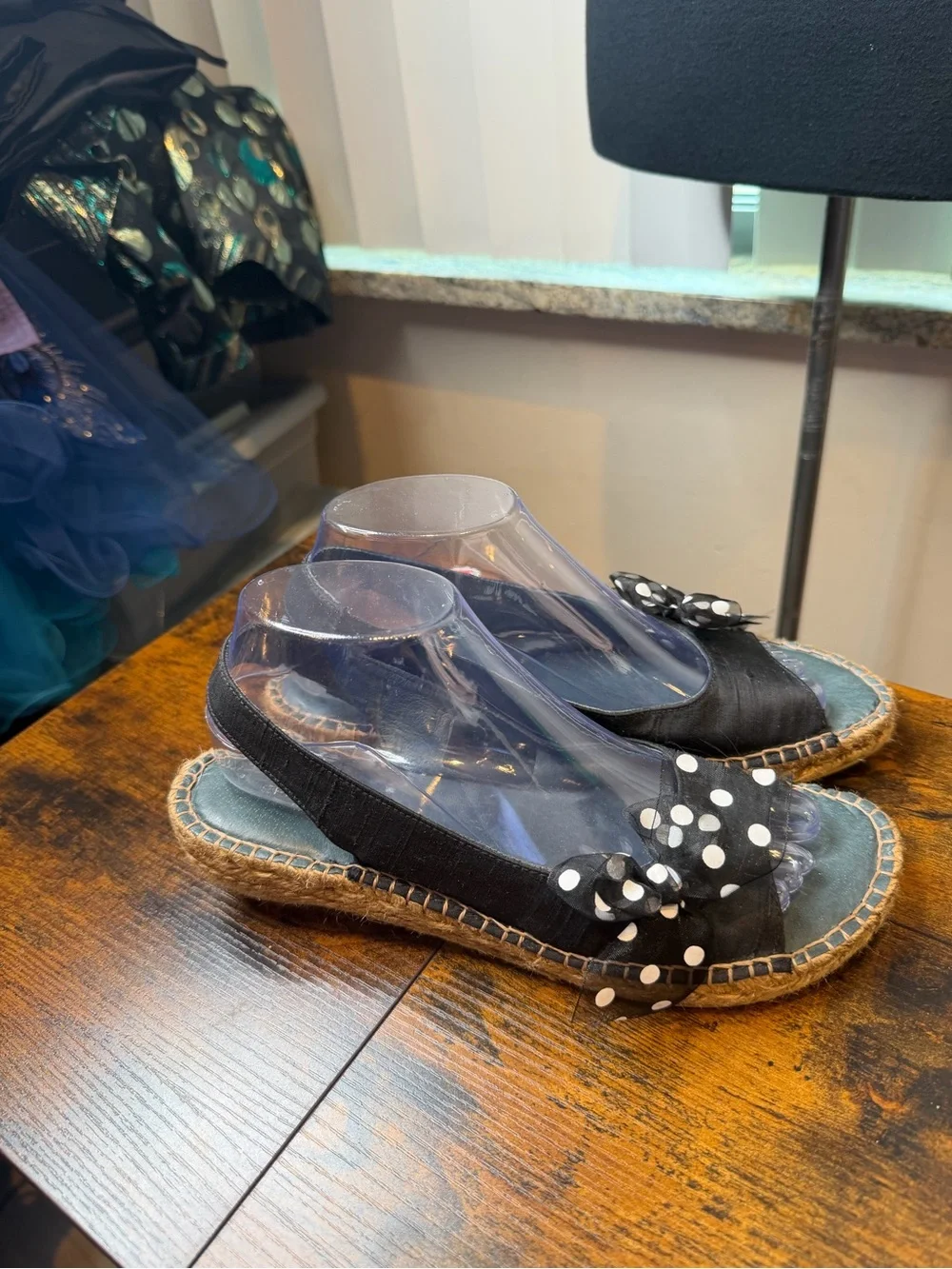 Eric Michael Black Espadrille Wedges with Polka Dot Bow Size 39/US8